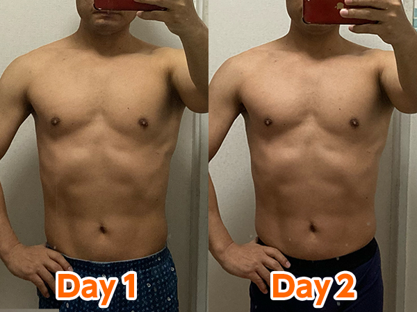 一週間で肉体改造：１日目と２日目の肉体の比較写真