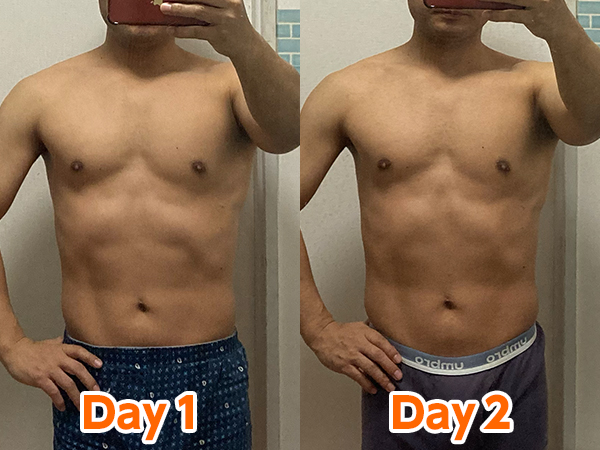 断食１日目と２日目の肉体の比較写真